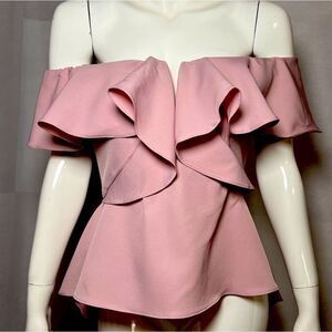 nWOt Hello Miss Women's Large Off Shoulder High Low Pink Ruffle Blouse